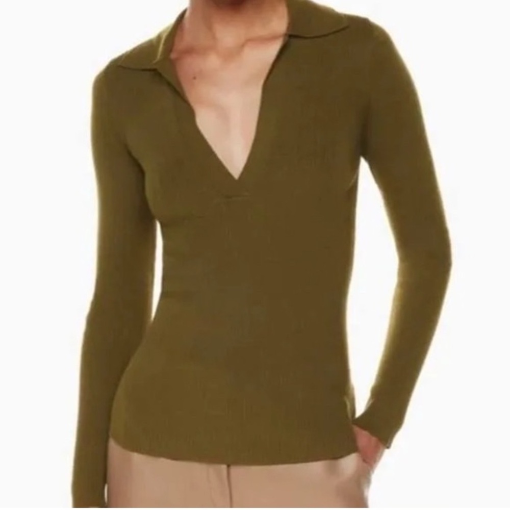 Aritzia Babaton Leyster Ribbed Polo Knit Sweater Olive Green Size Medium